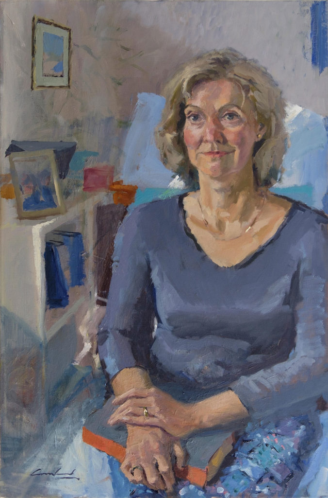 Oil painting of a woman seated with a book on her lap.